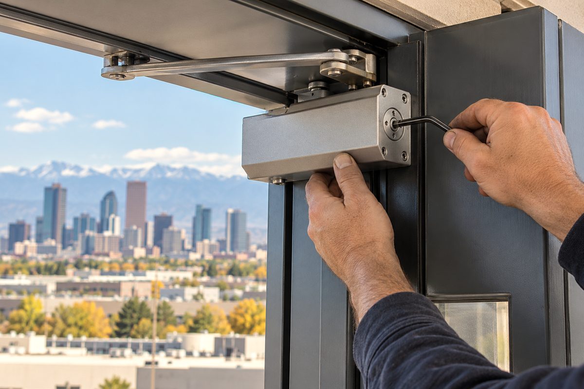 Calibrating a heavy-duty commercial door closer mechanism on site.
