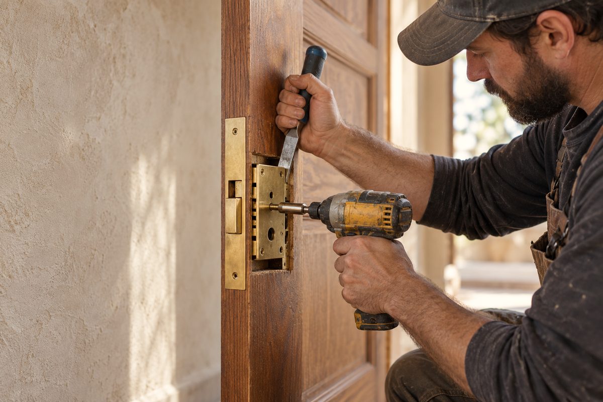 Tradesman fitting a mechanical door latch with hand tools under natural workshop daylight.