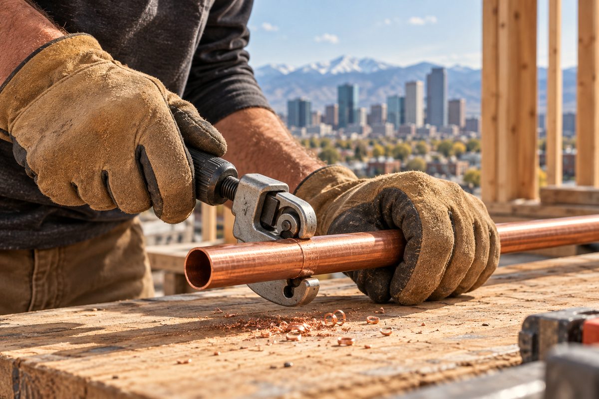 Tradesman cutting copper plumbing pipe with a mechanical rotary cutter.